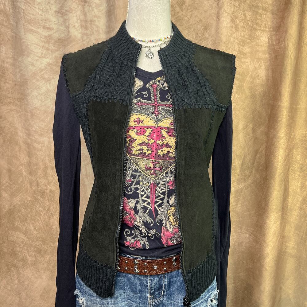 Suede Patchwork Vest Cable Knit Zip Up Sleeveless Black Vintage Y2K Indie Biker
